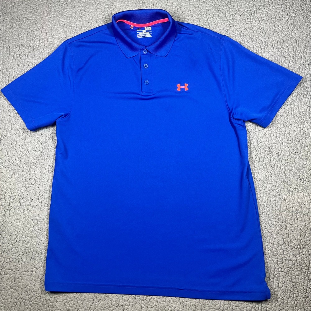 Under Armour Mens HeatGear Polo Shirt Blue Orange Logo Loose Fit XL 6462